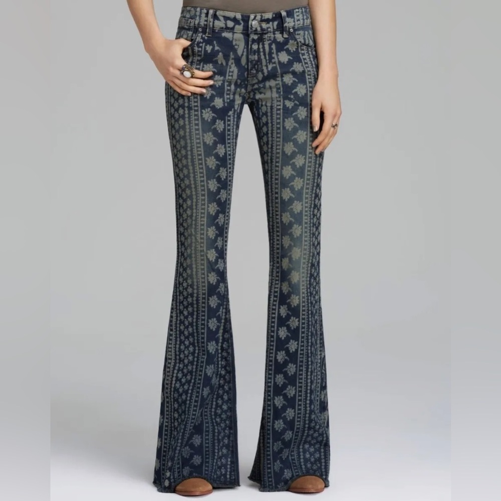 Free People Mantra Bali Print Indigo Boho Flare Jeans